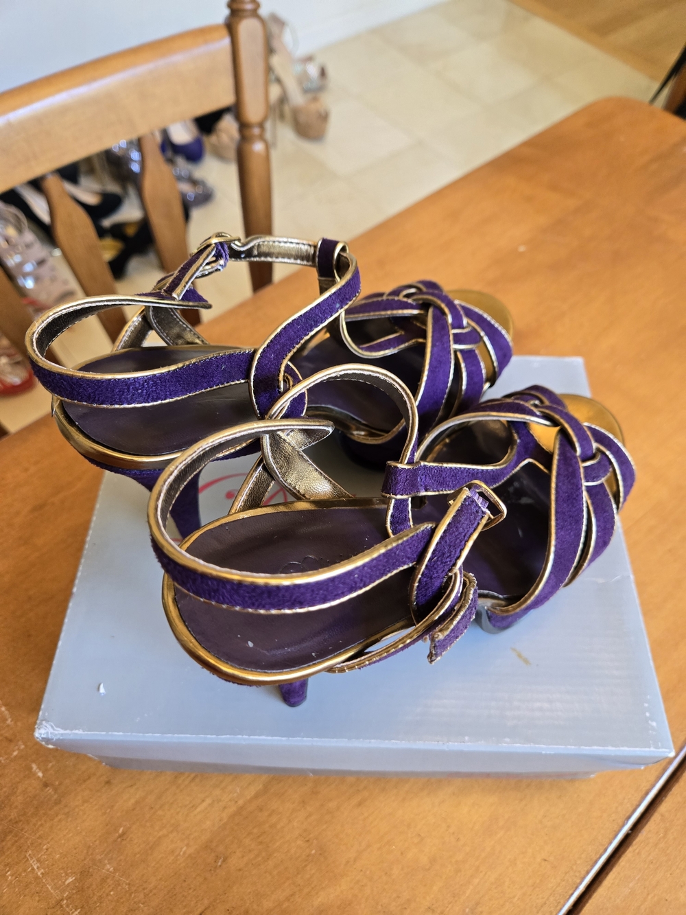 Delicious Purple Heeled Sandals with Gold Accents